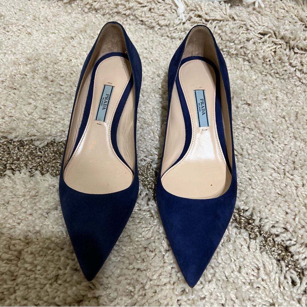 NEW Prada Blue Suede Kitten Heel